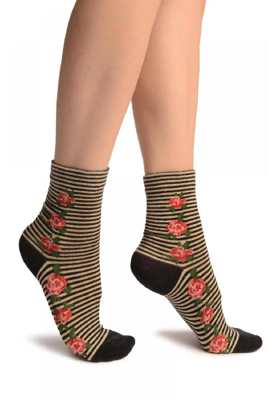 Women's nylon - reinforced socks for durabilityBlack & Beige Stripes & Roses With Comfort Top Ankle High Socks