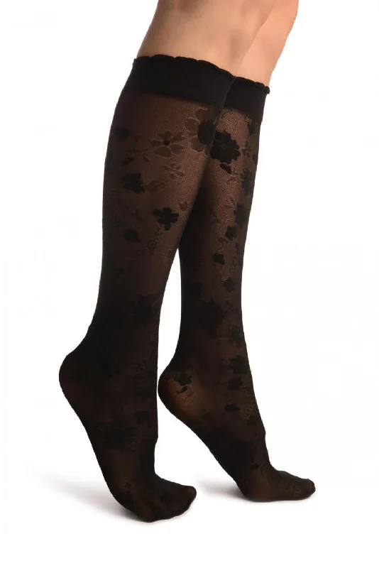 Women's no - show socks with a floral motifBlack Opaque Flowers On Micro Mesh Knee High Socks Women's no - show socks with a floral motifBlack Opaque Flowers On Micro Mesh Knee High Socks
