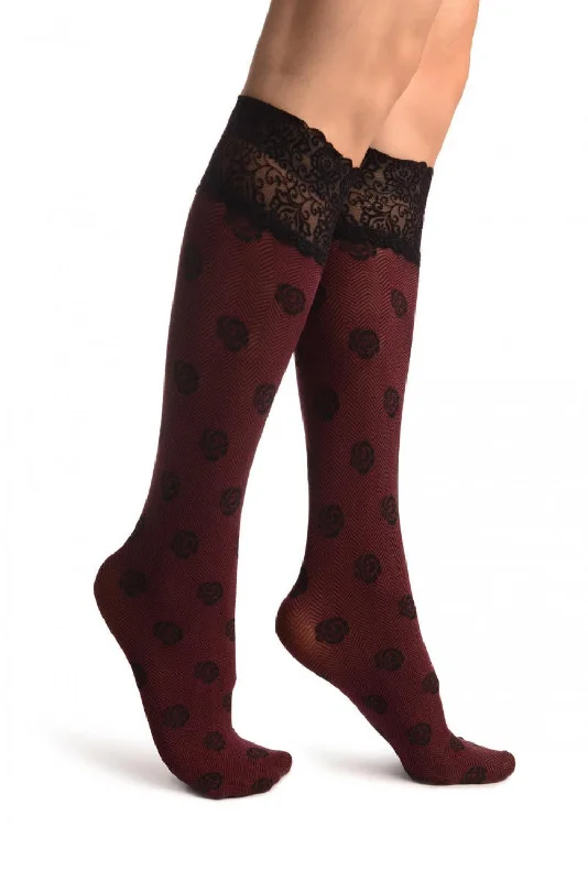 Women's cashmere - blend socks for extra softnessBlack Roses On Bordeaux With Velvet Silicon Top Knee High Socks Women's cashmere - blend socks for extra softnessBlack Roses On Bordeaux With Velvet Silicon Top Knee High Socks
