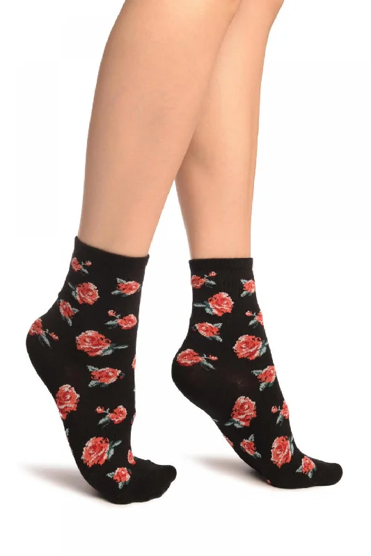 Women's no - show socks with a floral motifBlack With Red Woven Roses Ankle High Socks