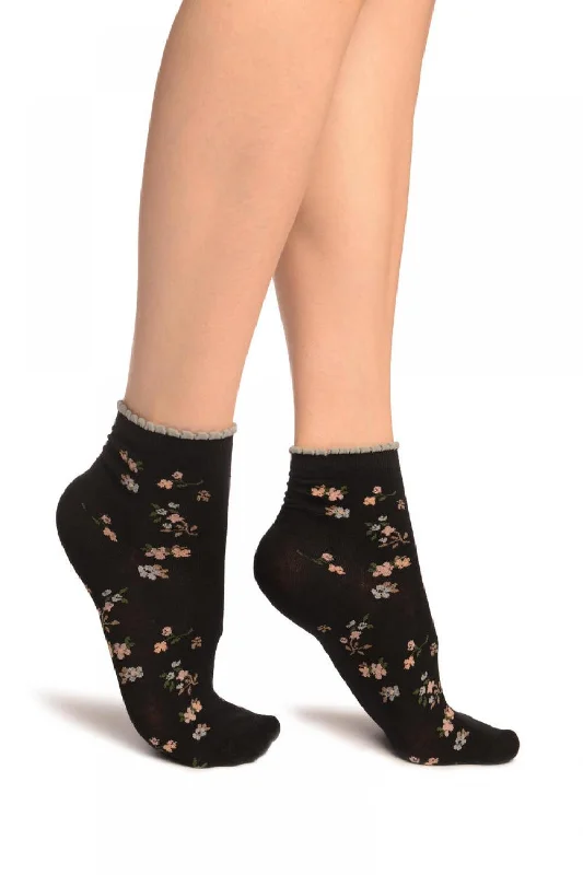 Women's non - slip socks for safetyBlack With Summer Flowers Ankle High Socks