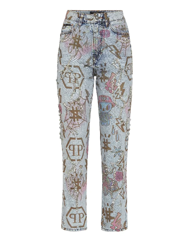 Women's low - rise denim pants Distressed women jeans for a trendy and edgy look Boyfriend St Tattoo Monogram with Crystals Women's low - rise denim pants Distressed women jeans for a trendy and edgy look Boyfriend St Tattoo Monogram with Crystals