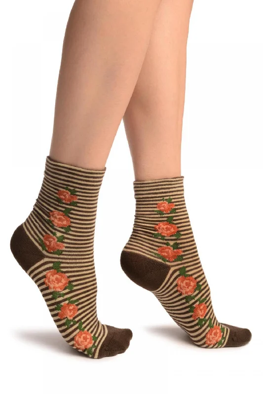 Women's sheer over - the - knee socks for a sexy appealBrown & Beige Stripes & Roses With Comfort Top Ankle High Socks