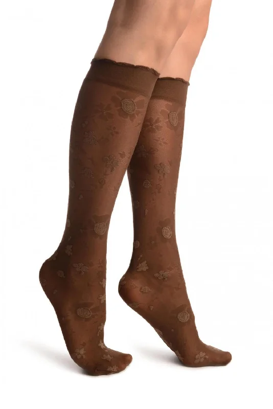 Women's knee - high socks with lace trimBrown Opaque Flowers On Micro Mesh Knee High Socks Women's knee - high socks with lace trimBrown Opaque Flowers On Micro Mesh Knee High Socks