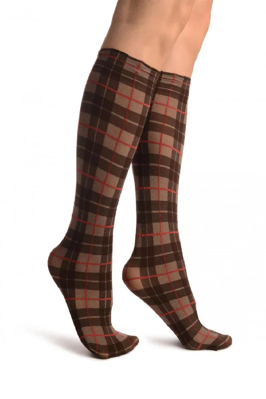 Women's argyle - patterned thigh - high socksBrown Scottish Tartan Knee High Socks