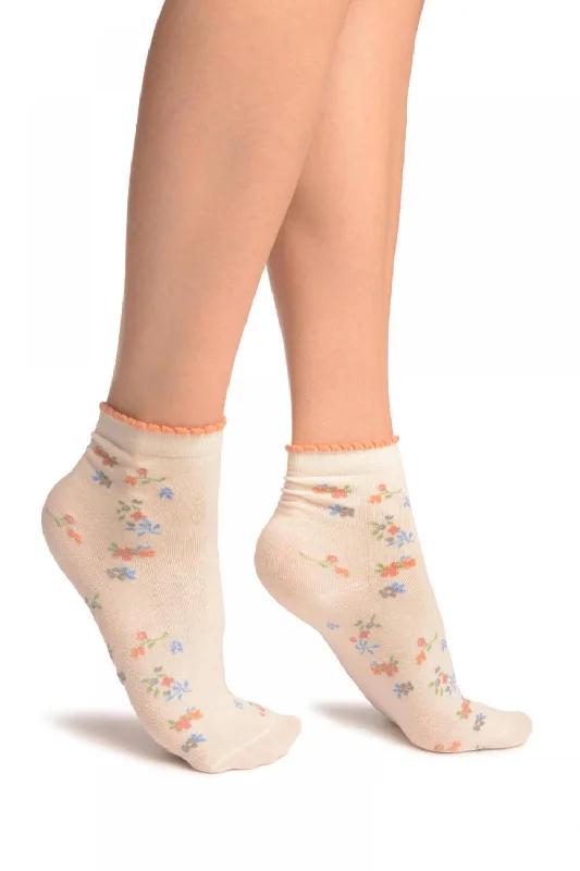 Women's cashmere - blend socks for extra softnessCream With Summer Flowers Ankle High Socks Women's cashmere - blend socks for extra softnessCream With Summer Flowers Ankle High Socks