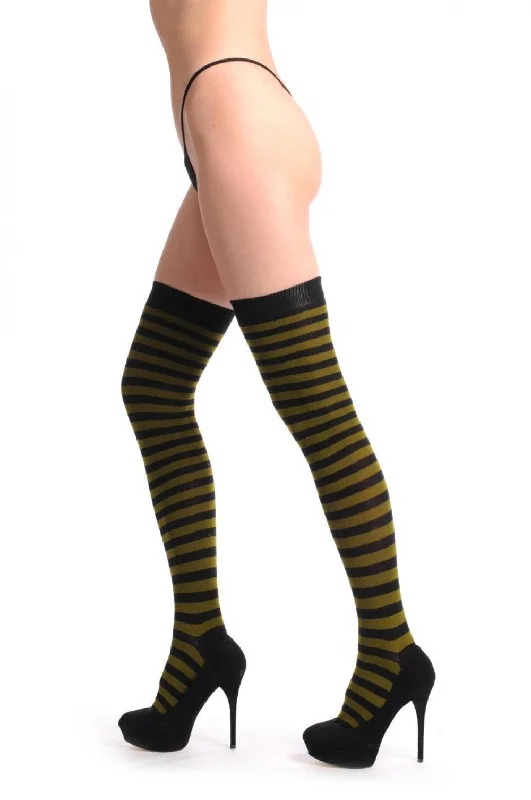 Women's thigh - high socks in a fishnet patternDark Green & Black Horizontal Stripes