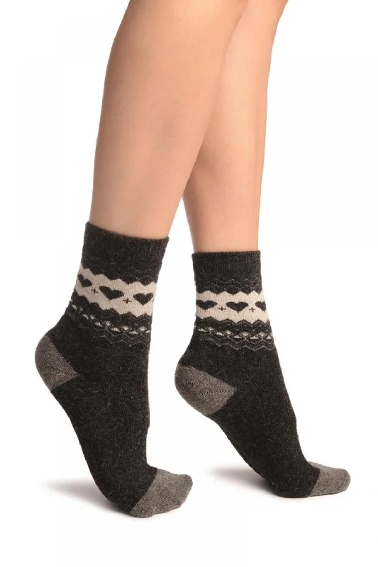 Women's nylon - reinforced socks for durabilityDark Grey With Hearts & Dark Grey Angora Ankle High Socks