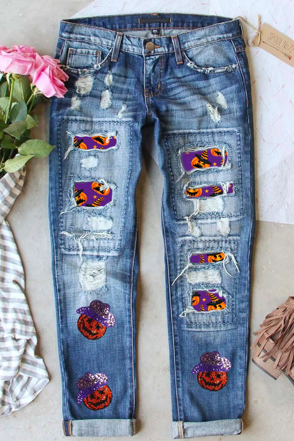 Women's high - waisted yoga pants Skinny women jeans with a form - fitting design Distressed Sequin Pumpkin Jeans