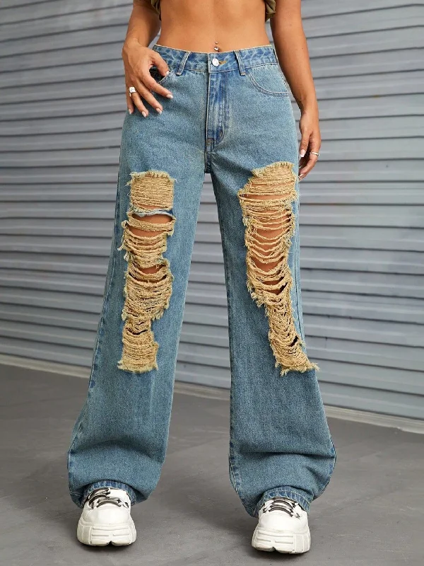 Women's pants with thermal lining Wide - leg women jeans for a modern and relaxed vibe Distressed Wide Leg Jeans with Pockets Women's pants with thermal lining Wide - leg women jeans for a modern and relaxed vibe Distressed Wide Leg Jeans with Pockets