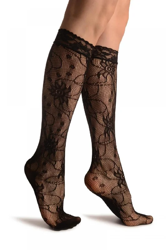 Women's knee - high socks with lace trimFlowers With Black Pearls Black Lace Knee High Socks Women's knee - high socks with lace trimFlowers With Black Pearls Black Lace Knee High Socks