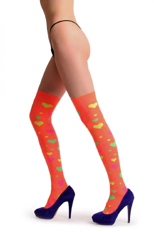 Women's wool - rich socks for winter warmthFluorescent Orange With Yellow Green & Pink Hearts