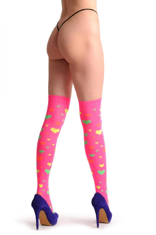 Women's thermal socks for cold weatherFluorescent Pink With Yellow Green & Orange Hearts