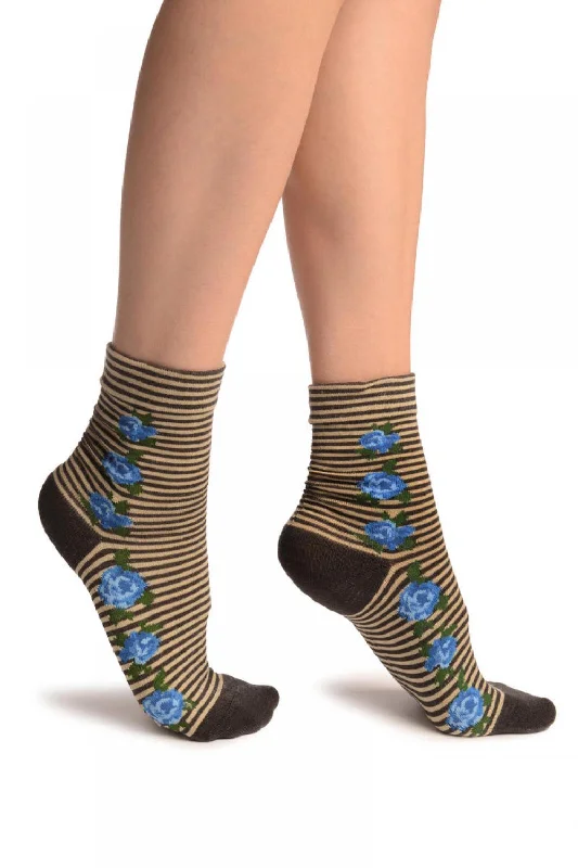 Women's crew socks with a polka - dot printGrey & Beige Stripes & Roses With Comfort Top Ankle High Socks