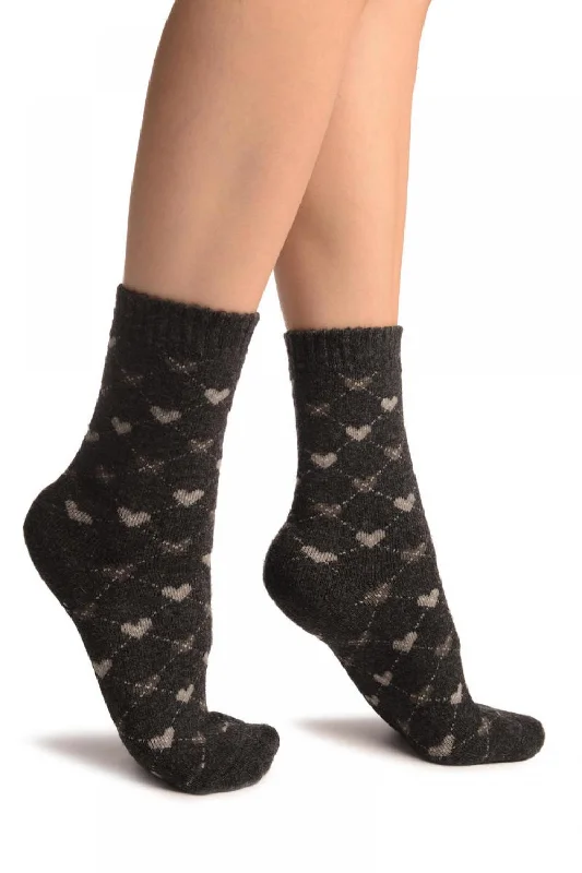 Women's ankle socks with a frilly edgeGrey Hearts On Dark Grey Angora Ankle High Socks