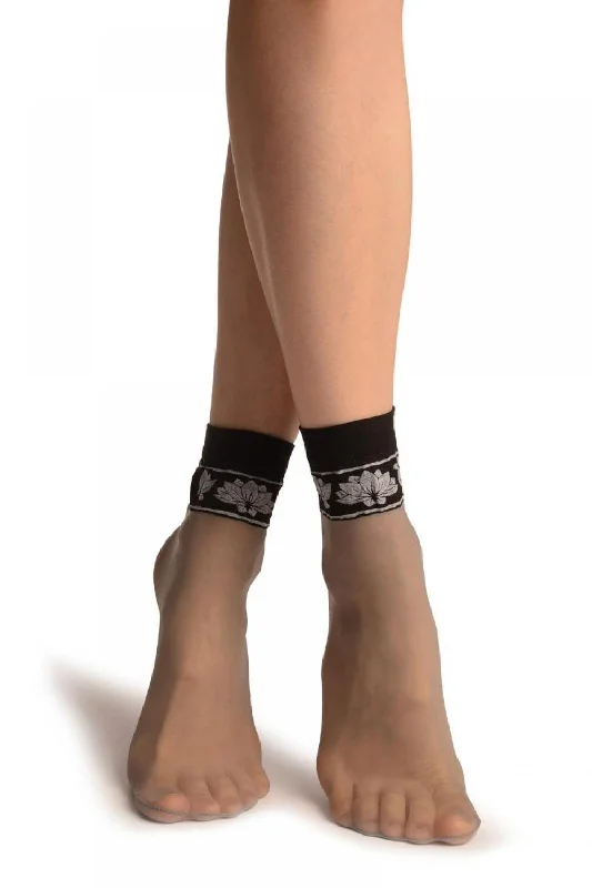 Women's arch - support socks for better comfortGrey With Black Top & White Lotus Flowers Socks Ankle High