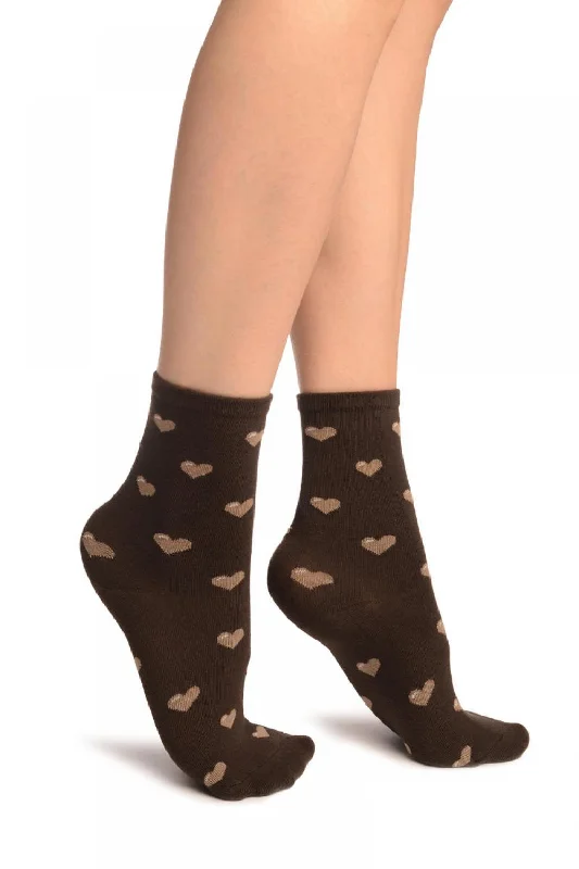 Women's spandex - infused socks for stretchHearts All Over Brown Ankle High Socks