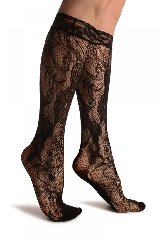 Women's arch - support socks for better comfortLarge Flowers Bouquet Black Lace Knee High Socks