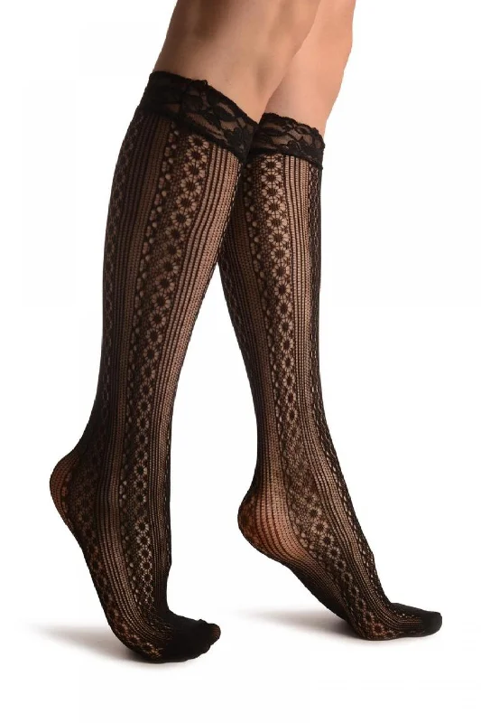 Women's silk - lined socks for a luxurious feelLines & Crochet Stripes Black Lace Knee High Socks Women's silk - lined socks for a luxurious feelLines & Crochet Stripes Black Lace Knee High Socks