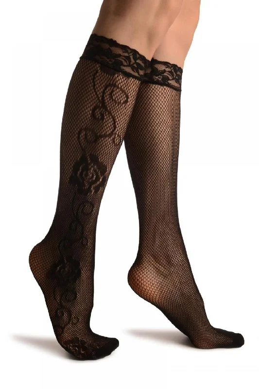 Women's silk - lined socks for a luxurious feelLinked Roses On The Side Black Lace Knee High Socks Women's silk - lined socks for a luxurious feelLinked Roses On The Side Black Lace Knee High Socks