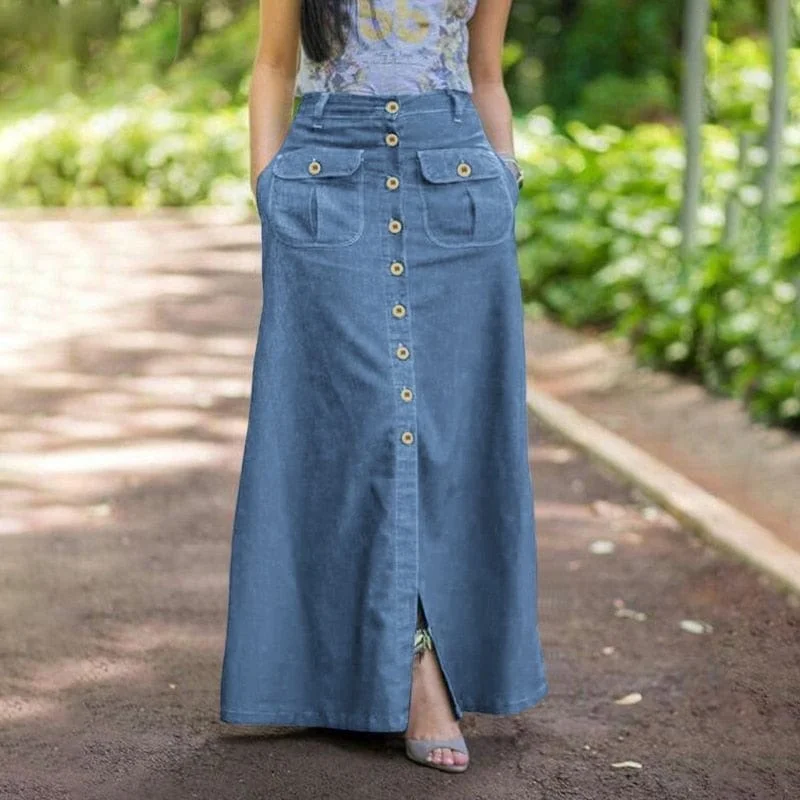 Women's pleated office pants Dark - wash women jeans for a sophisticated and slimming effect Maya Button Front Maxi Skirt Women's pleated office pants Dark - wash women jeans for a sophisticated and slimming effect Maya Button Front Maxi Skirt