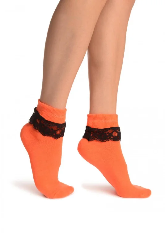 Women's ankle socks with a frilly edgeNeon Orange With Black Lace Trim Ankle High Socks Women's ankle socks with a frilly edgeNeon Orange With Black Lace Trim Ankle High Socks