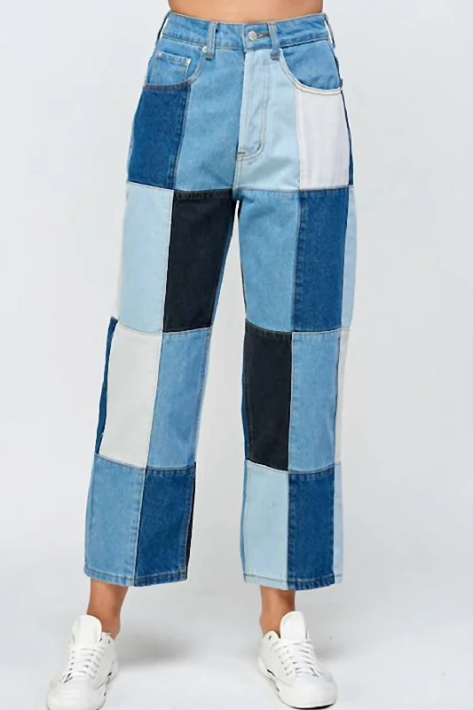 Women's budget - friendly denim pants Button - fly women jeans with a traditional touch Patchwork Straight Jeans In Mixed Blue Denim Women's budget - friendly denim pants Button - fly women jeans with a traditional touch Patchwork Straight Jeans In Mixed Blue Denim