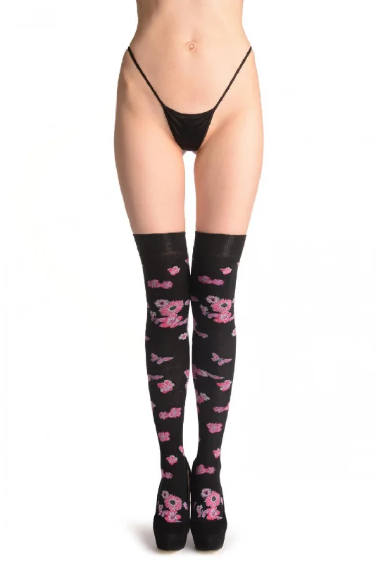 Women's crew socks with a polka - dot printPink & Red Camomile Flowers And Butterflies On Black Women's crew socks with a polka - dot printPink & Red Camomile Flowers And Butterflies On Black