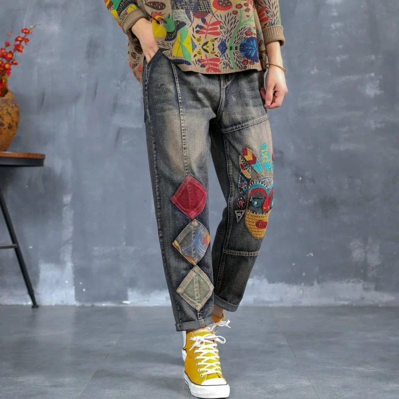 Women's summer - weight linen pants High - waisted women jeans for a flattering silhouette Rebels Geometric Embroidered Jeans Women's summer - weight linen pants High - waisted women jeans for a flattering silhouette Rebels Geometric Embroidered Jeans