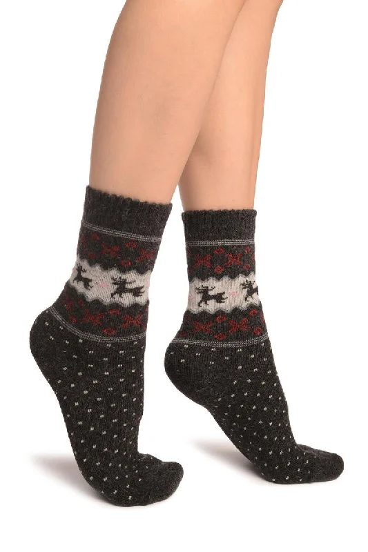 Women's satin - trimmed socks for a touch of eleganceReindeers & Dots on Dark Grey Angora Ankle High Socks Women's satin - trimmed socks for a touch of eleganceReindeers & Dots on Dark Grey Angora Ankle High Socks