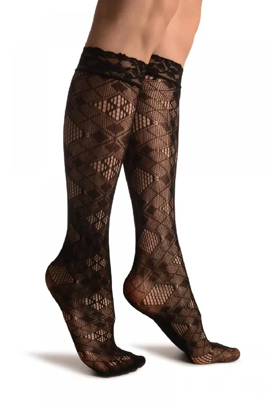 Women's over - the - calf socks with a stripe designSmall & Large Mesh Rombs Black Lace Knee High Socks