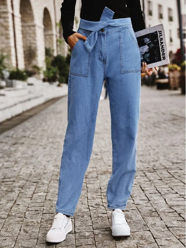 Women's long - length casual pants Straight - leg women jeans with a classic and timeless appeal Tied Straight Jeans with Pockets Women's long - length casual pants Straight - leg women jeans with a classic and timeless appeal Tied Straight Jeans with Pockets