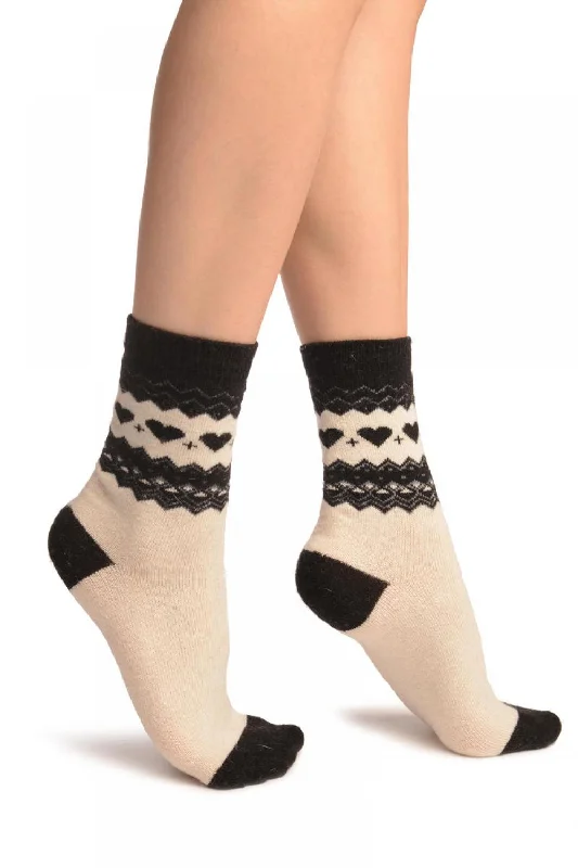 Women's argyle - patterned thigh - high socksWhite With Hearts & Black Top Angora Ankle High Socks