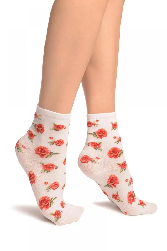 Women's quick - dry socks for water activitiesWhite With Red Woven Roses Ankle High Socks Women's quick - dry socks for water activitiesWhite With Red Woven Roses Ankle High Socks
